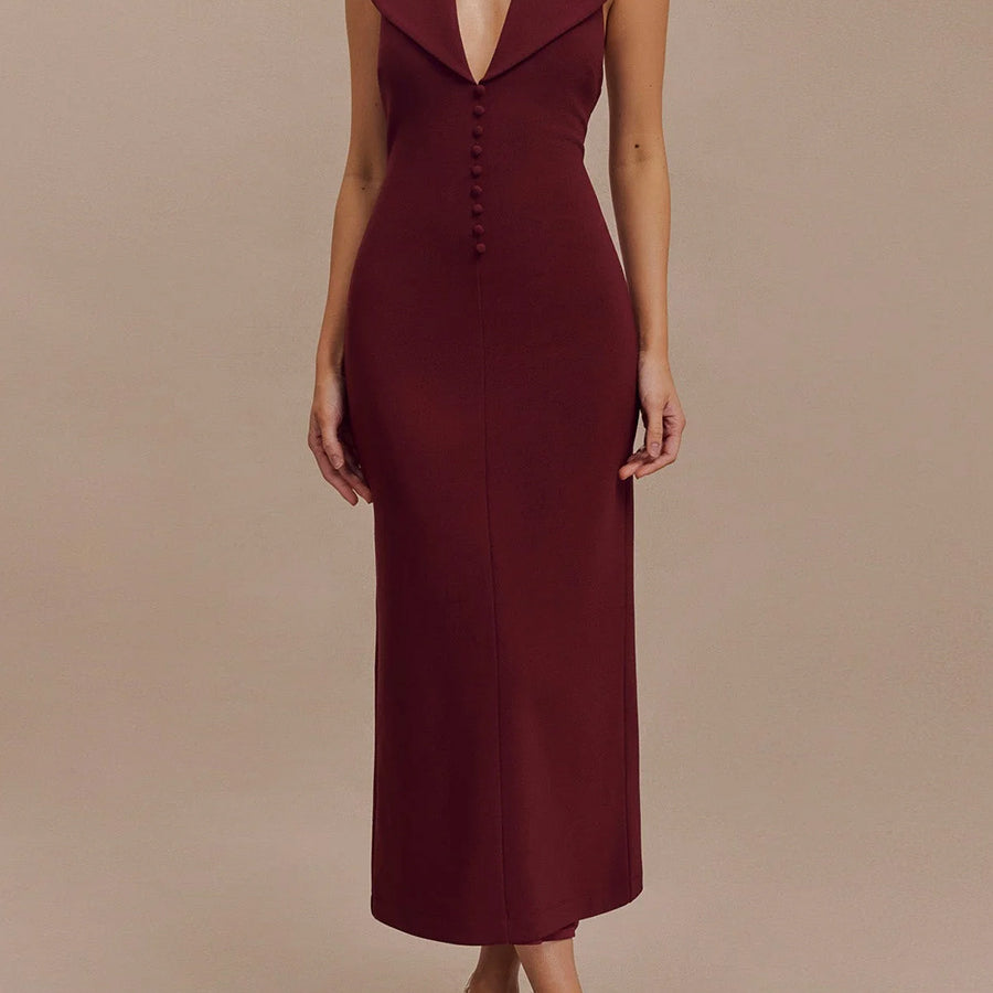Burgundy halter midi dress from Skinny Sheath Split Halter Dress collection, perfect for fashion and languor style