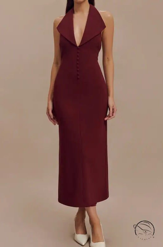 Burgundy halter midi dress in langry fashion ملابس style