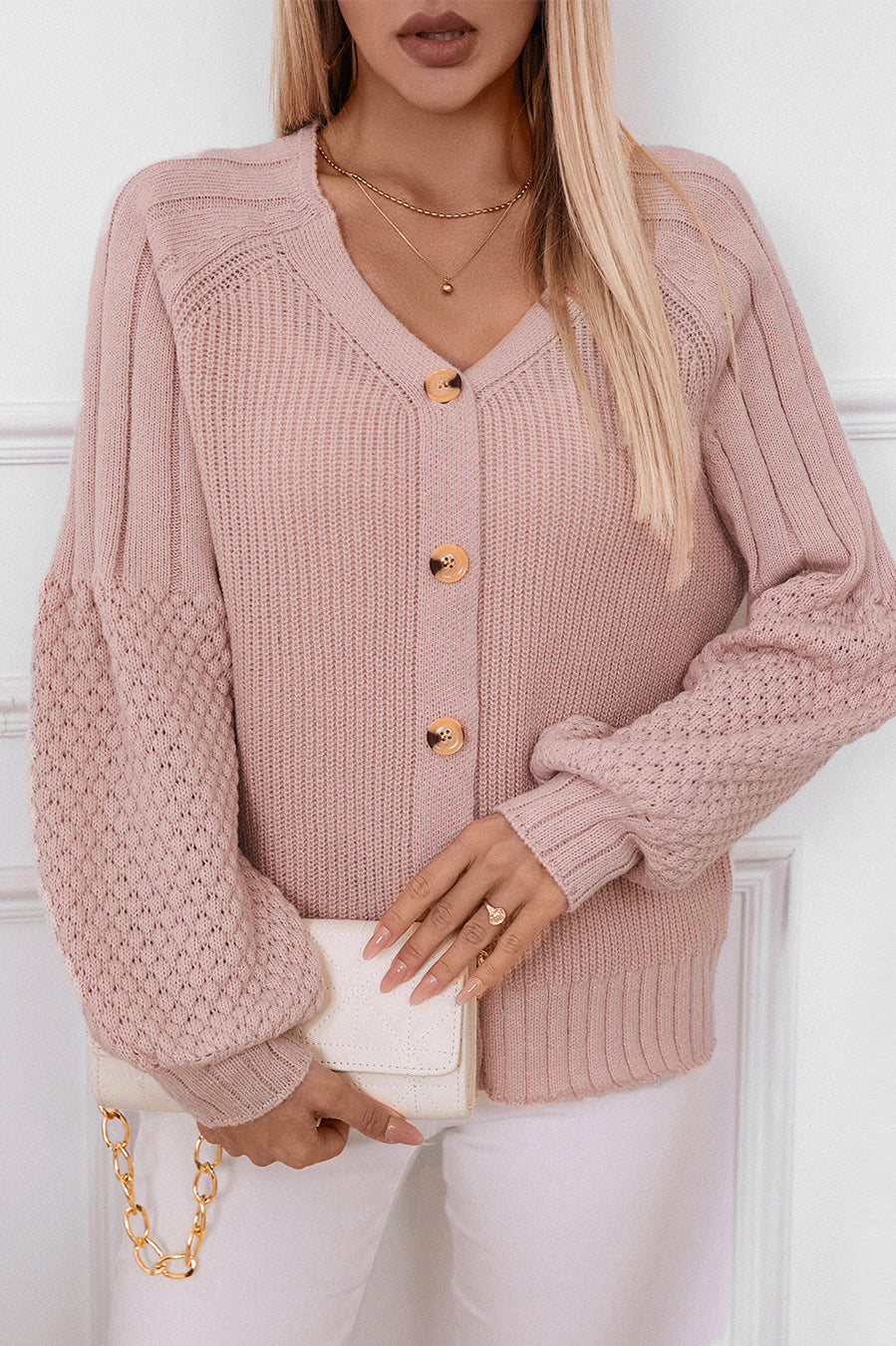 Pink knitted cardigan casual loose Lantern Sleeve Sweater for relaxed style