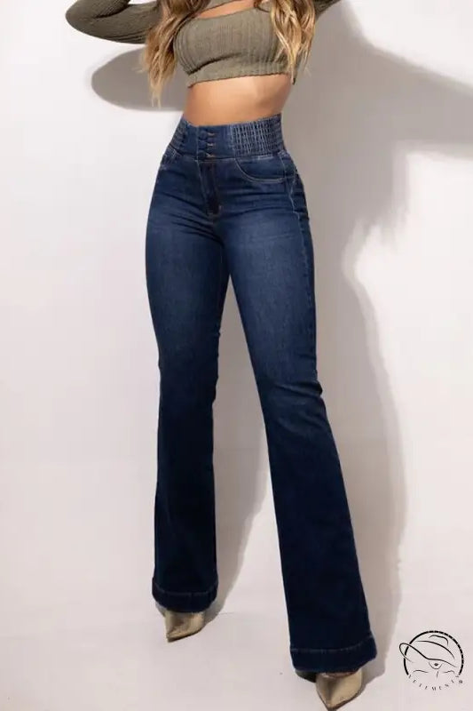 High-waisted dark-wash flare jeans with beautiful stretch hip lifting denim