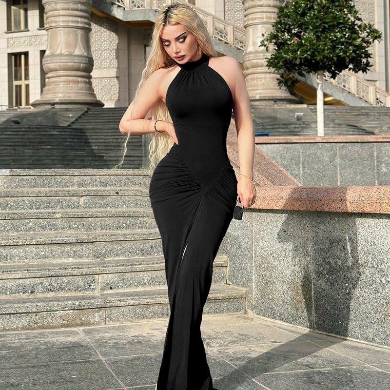 Elegant black halter maxi dress highlighting stylish fashion and sophisticated design