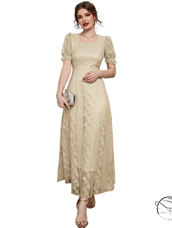 Beige lace midi dress with puff sleeves, floral embroidery, Langry fashion