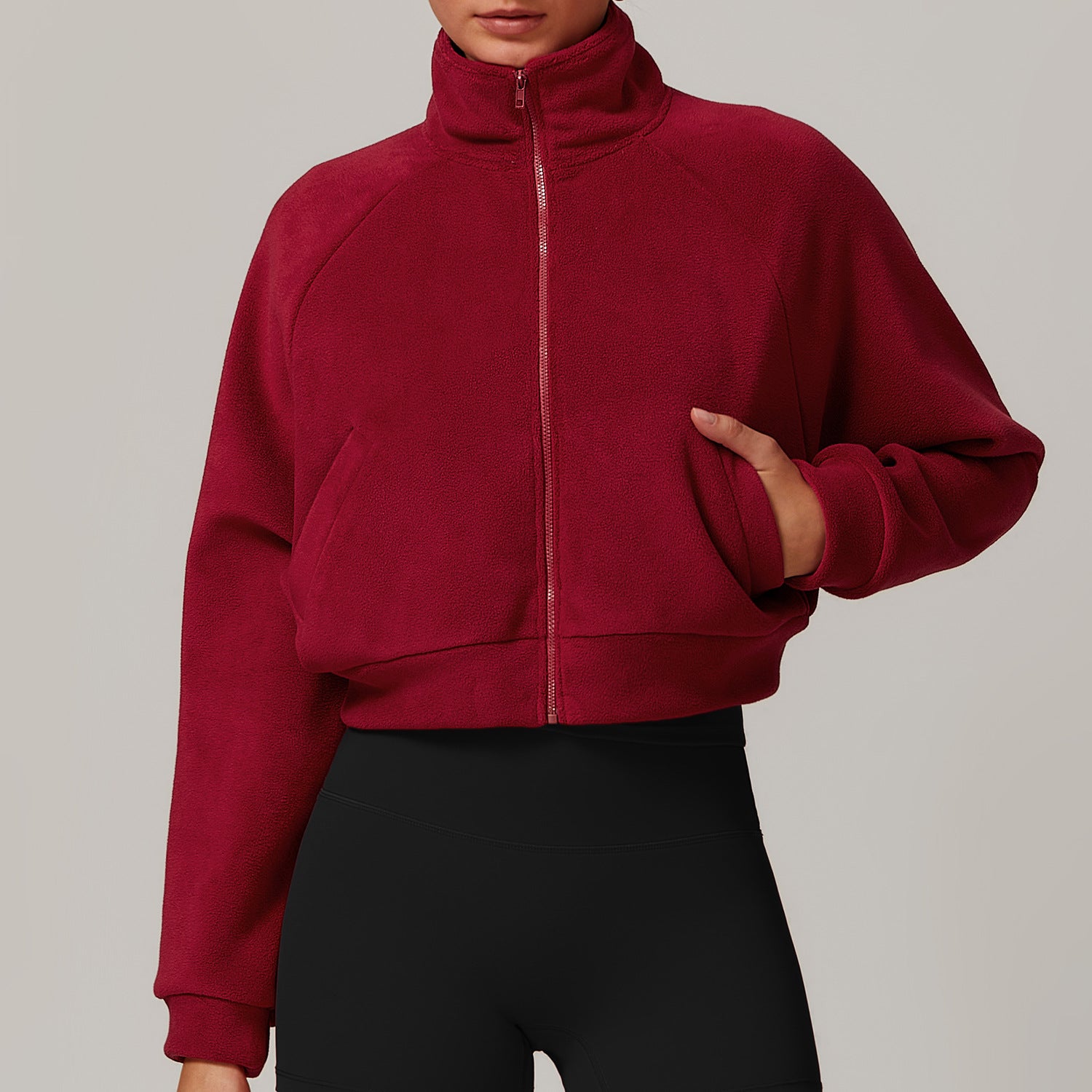 Cropped burgundy zip-up sweatshirt with high collar for stylish langry fitness wear