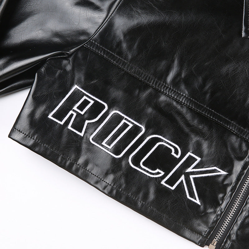 Black faux leather short leather jacket with letter graphic embroidery for stylish looks