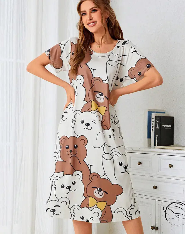 Women’s short-sleeve pajamas dress home wear with teddy bear print