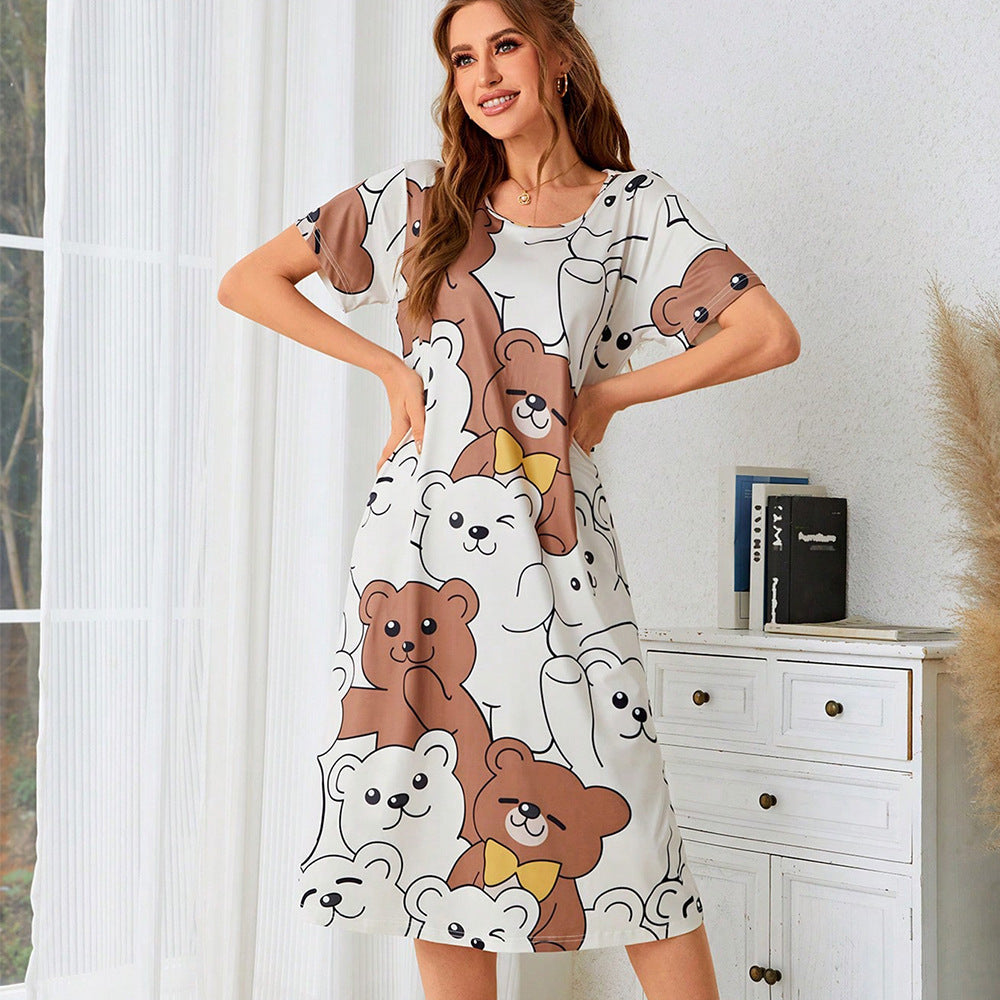Women’s short-sleeve pajamas dress with all-over cartoon bear print for home wear