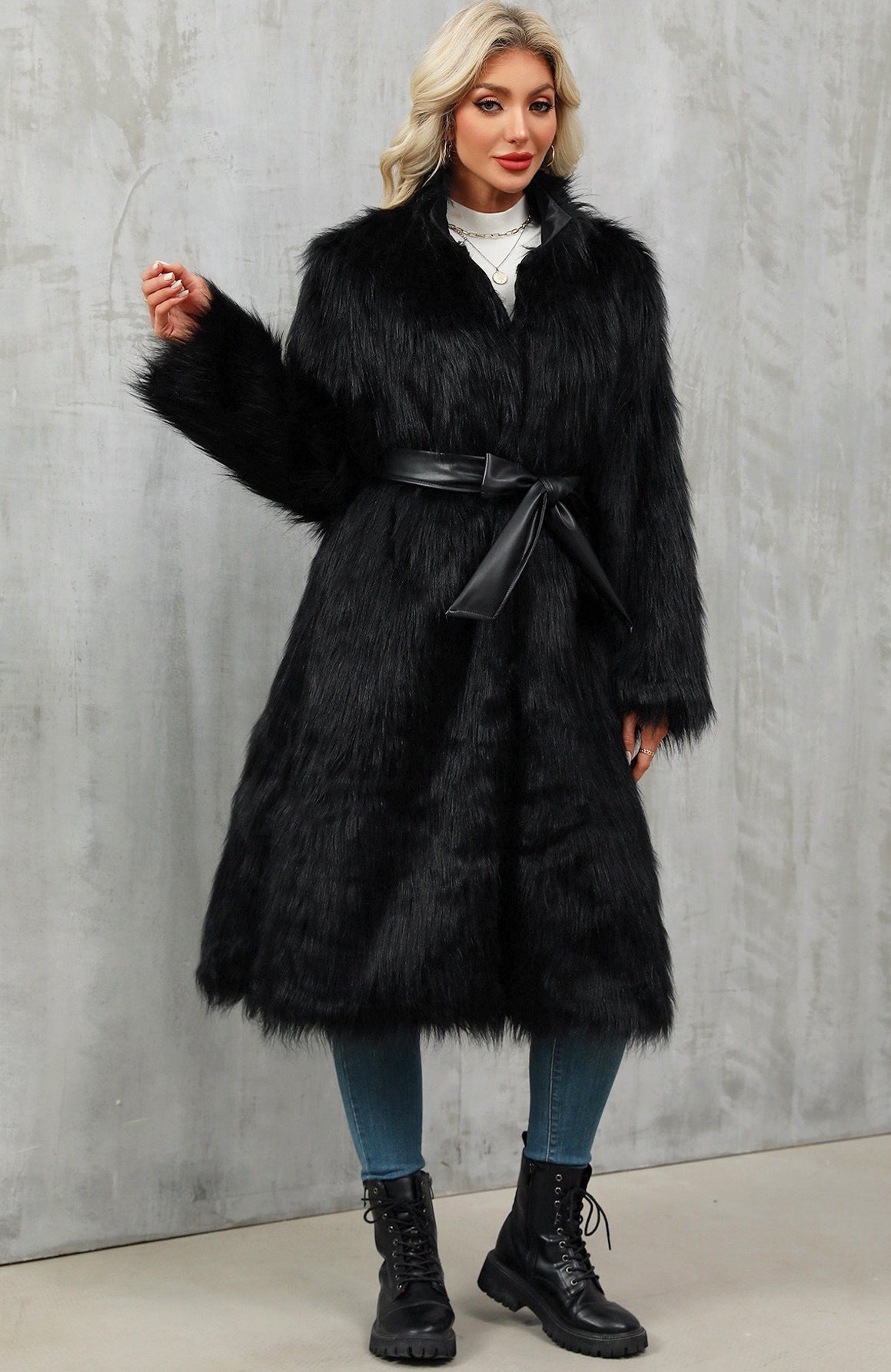 Long faux fur overknee thickened coat with black belt