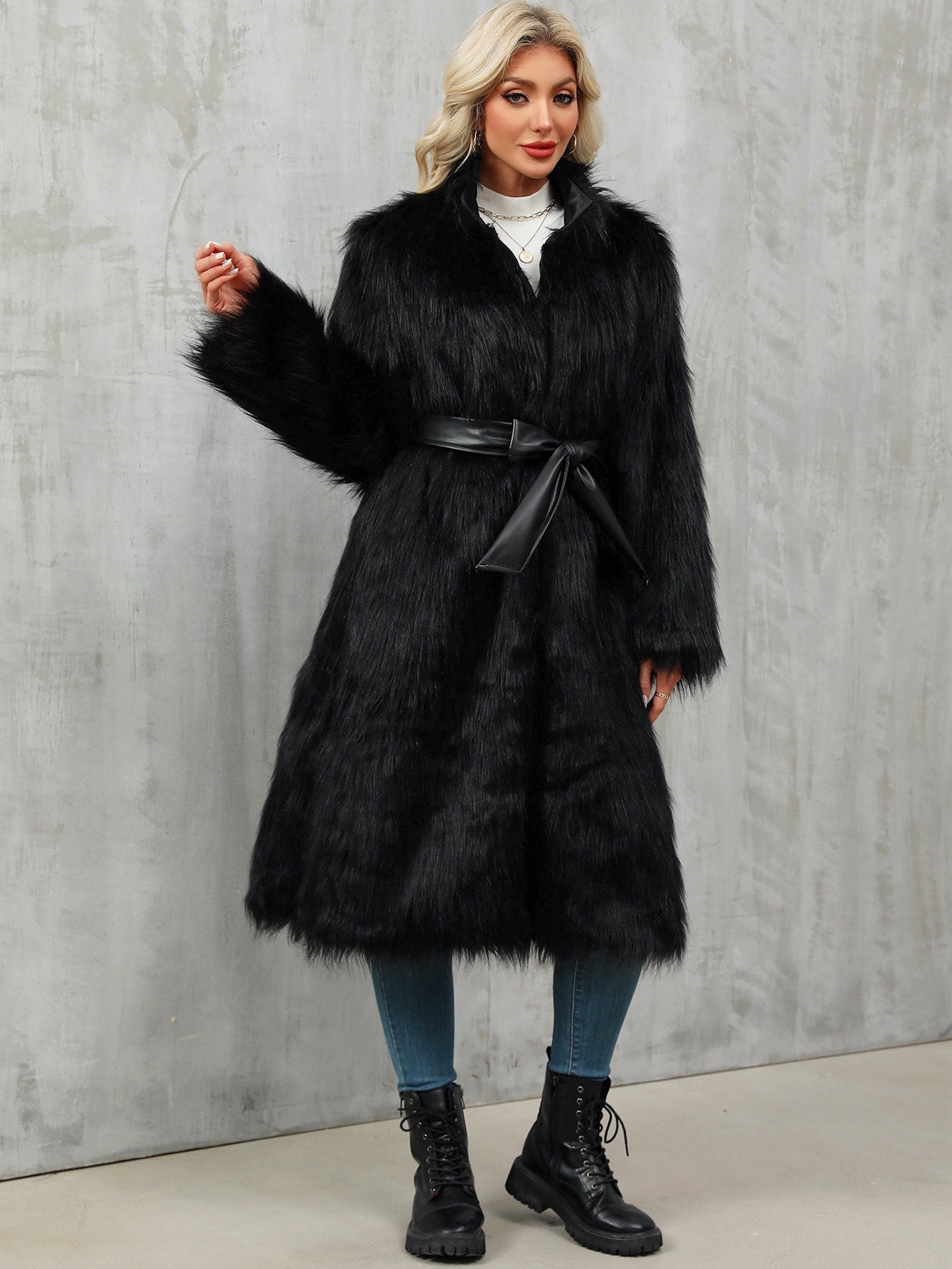 Long faux fur overknee thickened coat with black belt