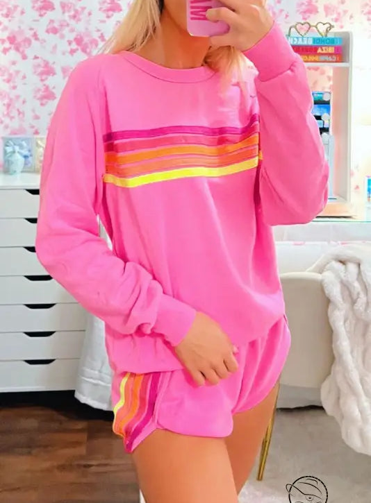 Pink loose slim fit casual sweatshirt with orange yellow stripes