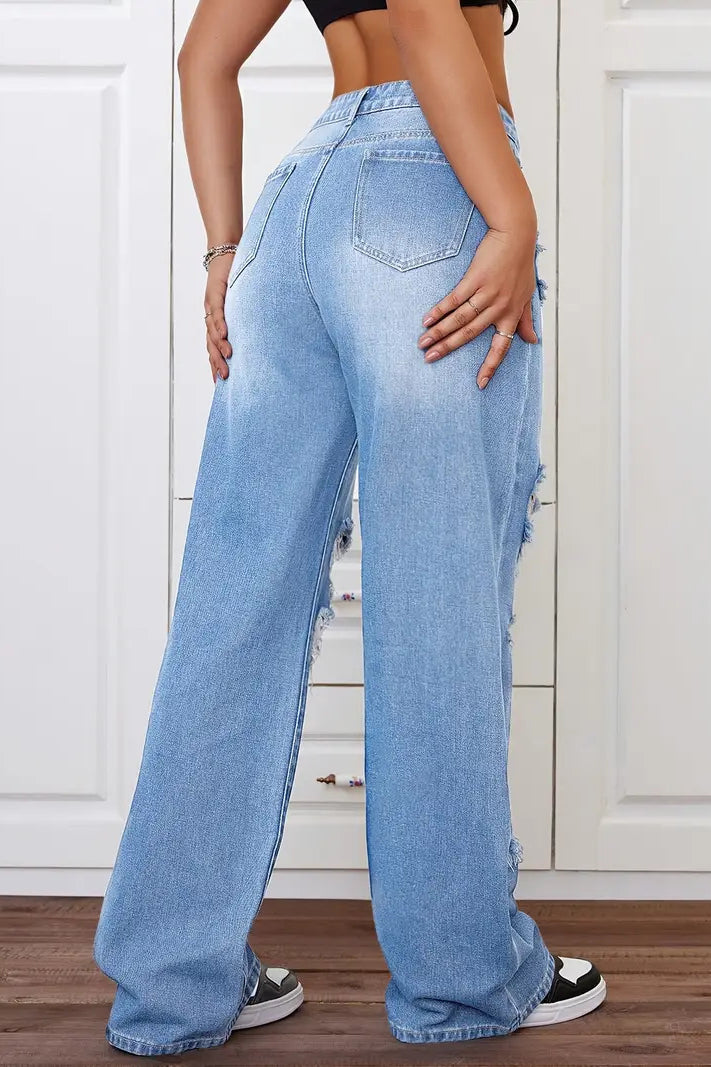 Light blue Langry high-waisted ripped denim trousers, relaxed fit fashion