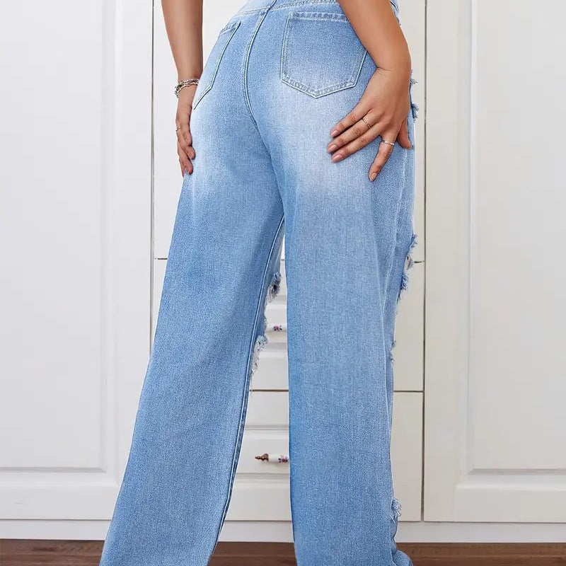 Light blue Langry high-waisted ripped denim trousers, relaxed fit fashion