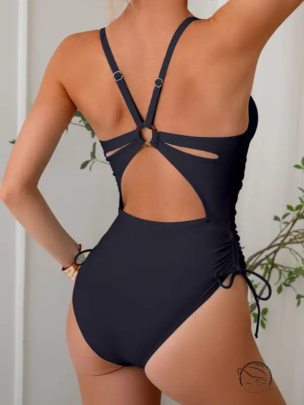 Black solid color one-piece swimsuit bikini