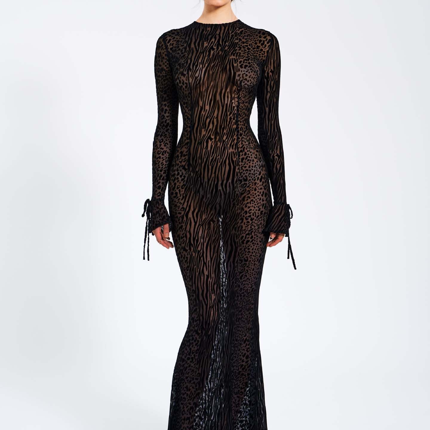 Elegant Leopard Print Sheath Maxi Dress features a sheer black animal-print design