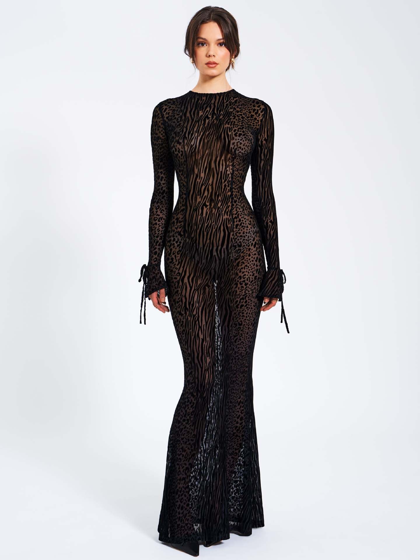 Elegant Leopard Print Sheath Maxi Dress features a sheer black animal-print design