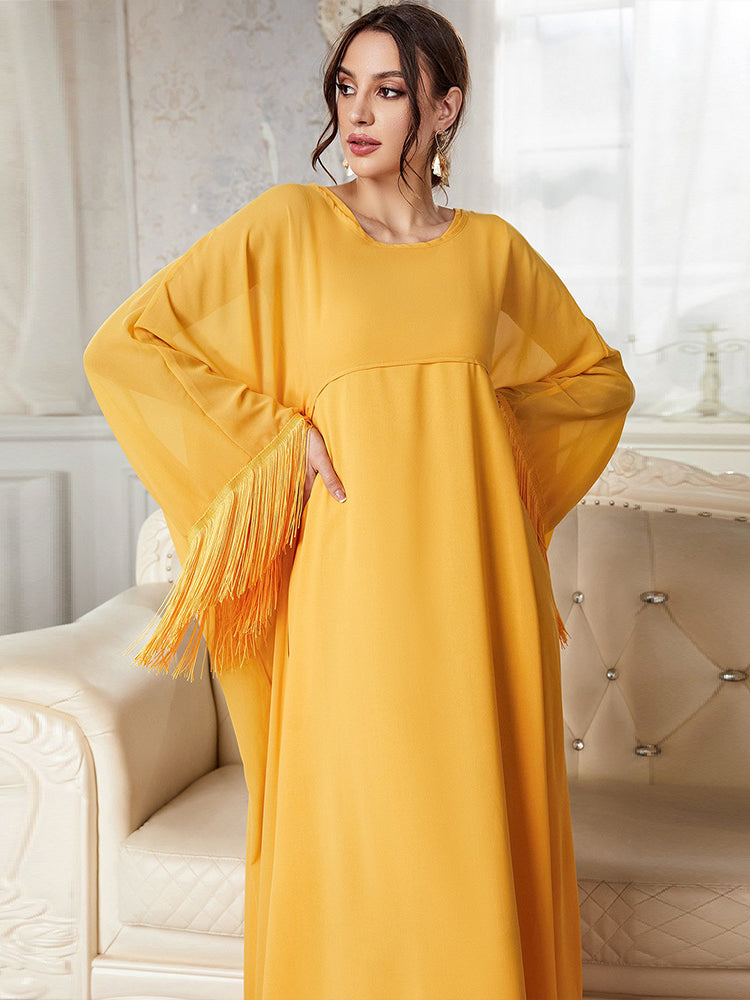 Mustard yellow abaya langry fashion with fringed sleeves and flowing silhouette