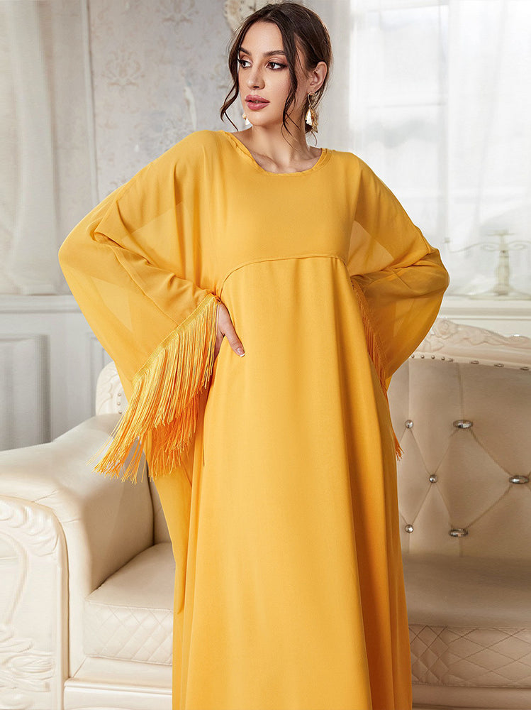 Mustard yellow abaya langry fashion with fringed sleeves and flowing silhouette