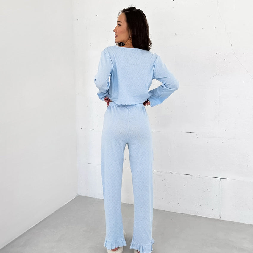 Light blue two-piece lounge set with ruffled hems from Comfy Breathable Pajamas Sets
