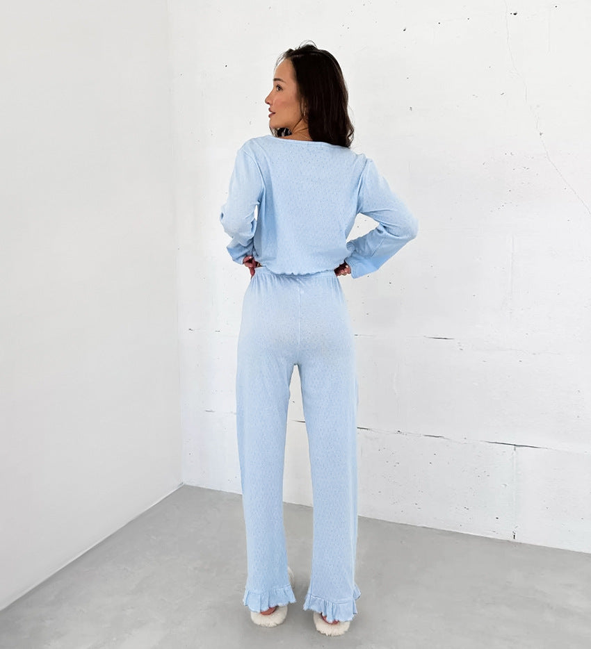 Light blue two-piece lounge set with ruffled hems from Comfy Breathable Pajamas Sets