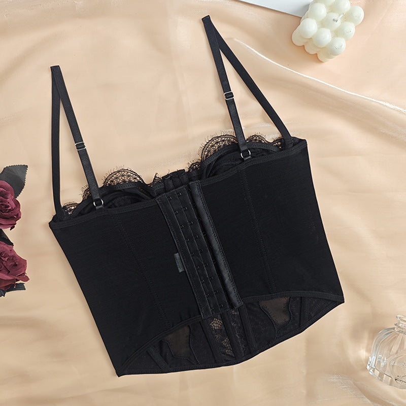 Black lace-trimmed corset top from Cute Push Up Corset, perfect for elegant fashion and ملابس