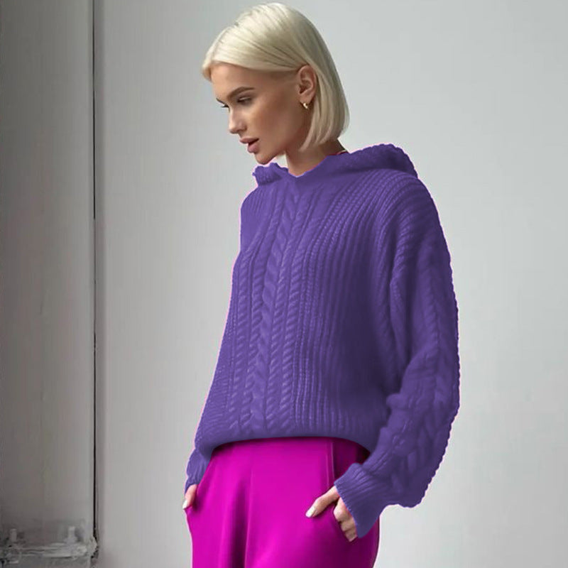 Purple hooded cable-knit sweater from Casual Hooded Knitted Sweater collection, perfect for fashion and ملابس