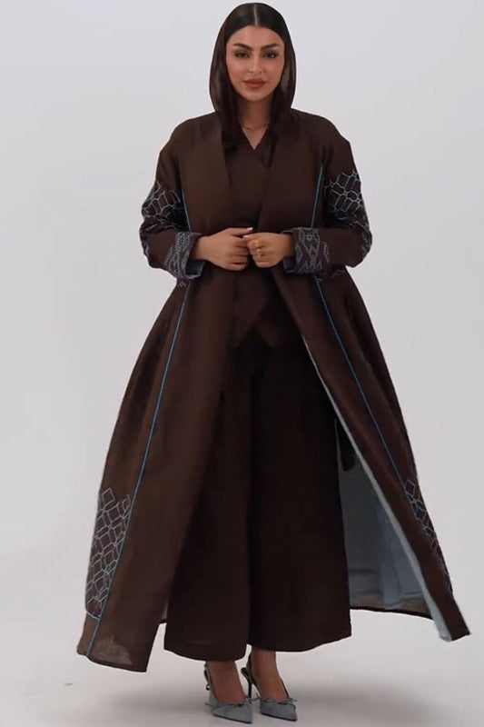 Brown abaya multicolor maxi dress with silver embroidery and sheer sleeves