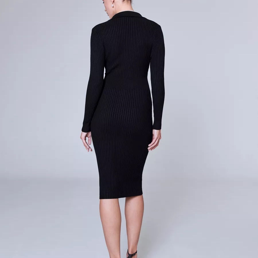 Black ribbed knitted dress with elegant polo collar for autumn winter style