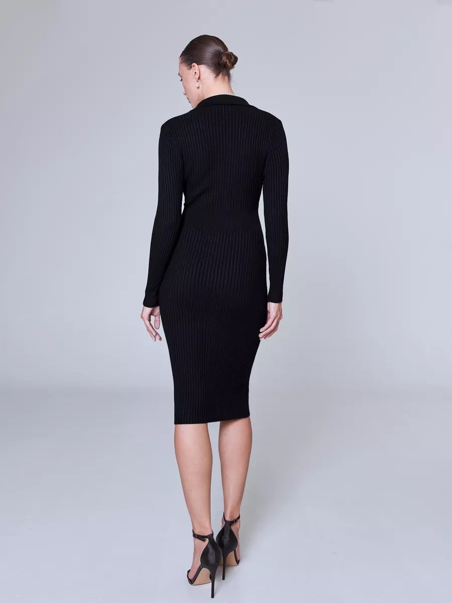 Black ribbed knitted dress with elegant polo collar for autumn winter style