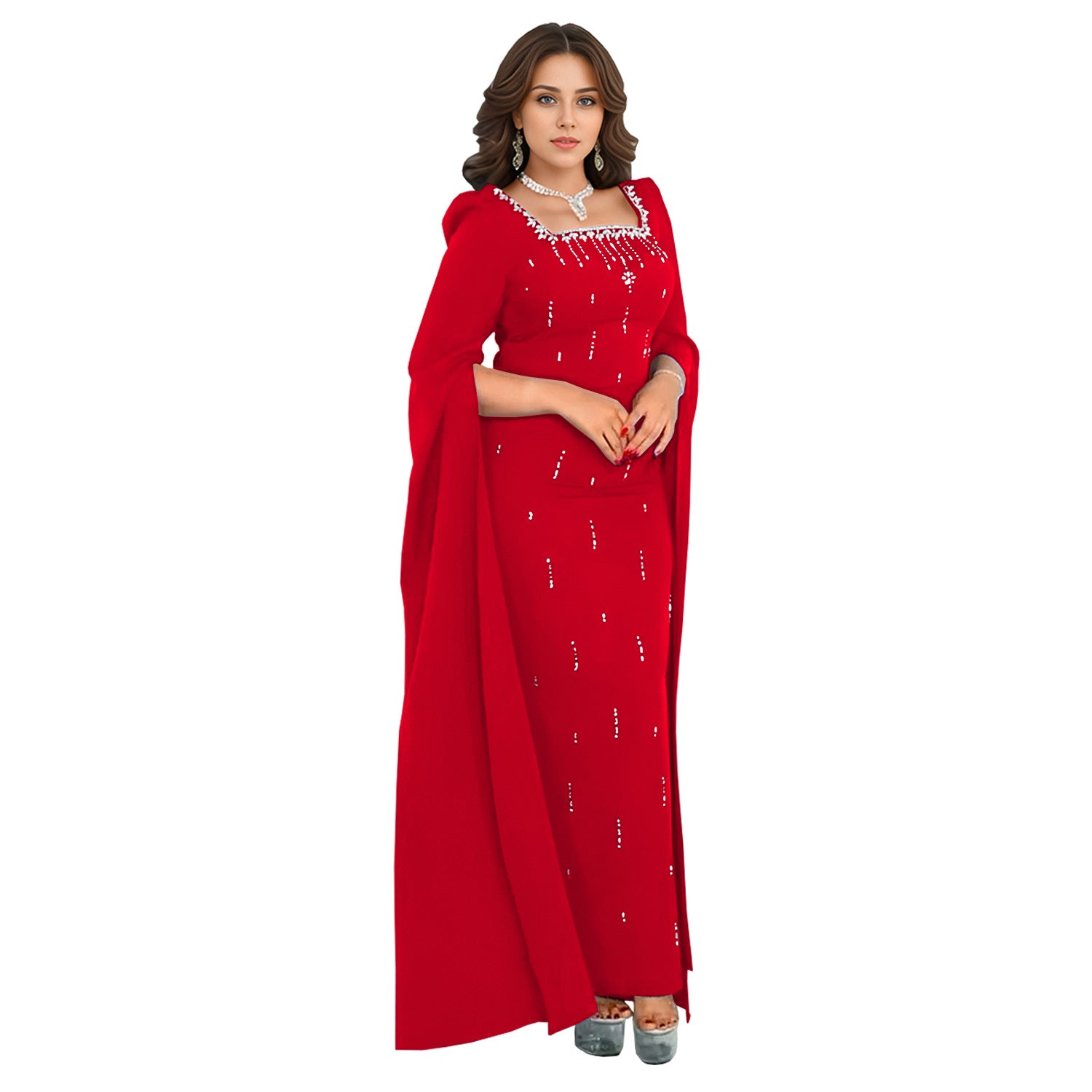 Elegant red gown with cape sleeves from Sleeve Drilling Elegant Dress, perfect for fashion occasions
