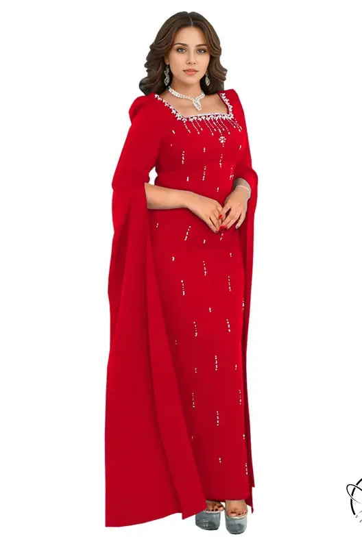 Elegant red langry fashion gown with cape sleeves