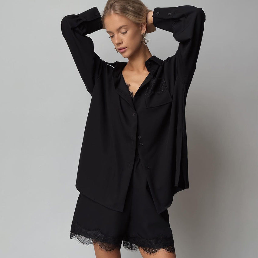 Comfort Black Shorts Pajamas featuring black lace trim for stylish langry fashion