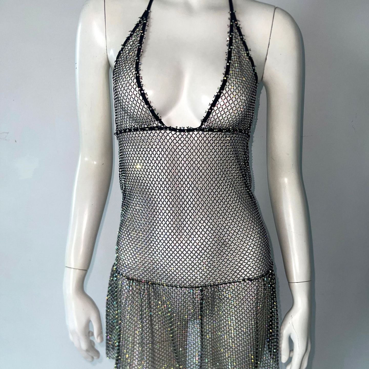Sparkly halter-neck mesh dress from Mesh Rhinestone Slim Fit Sling Dress collection, perfect for fashion and ملابس enthusiasts
