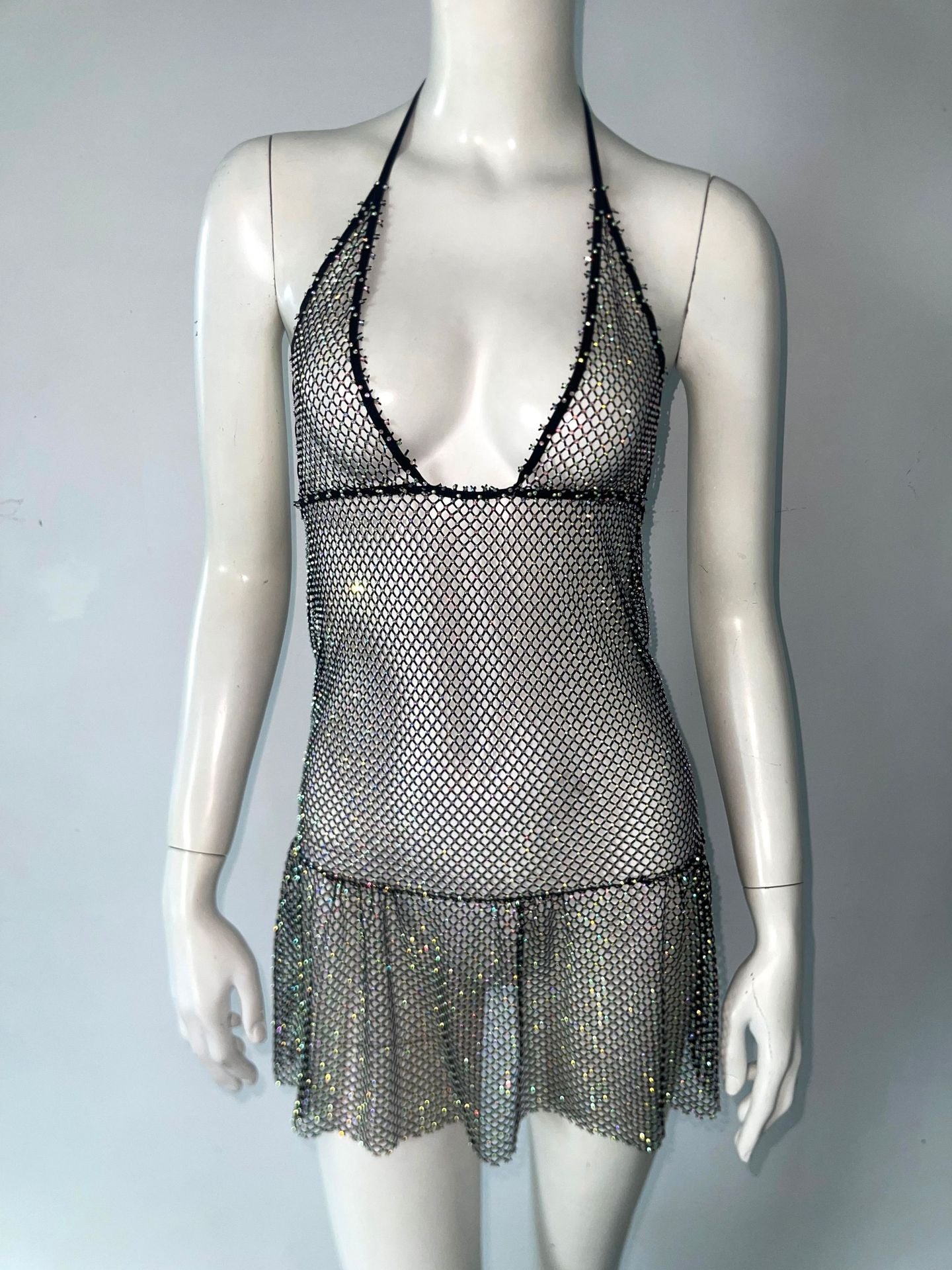 Sparkly halter-neck mesh dress from Mesh Rhinestone Slim Fit Sling Dress collection, perfect for fashion and ملابس enthusiasts