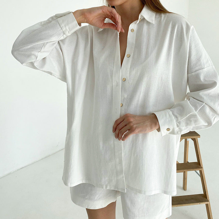 Elegant white linen shirt and shorts set from Casual Winter Pajamas for classy langry fashion