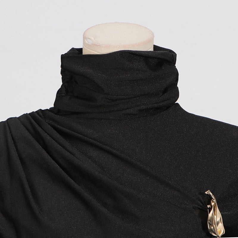 Elegant Socialite Dress featuring a black turtleneck with draped fabric and gold brooch