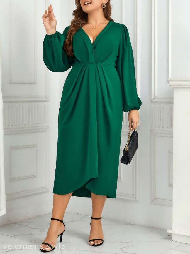 V-Nick Green Dress showcasing a high-grade green dress with V-neckline and asymmetrical hem