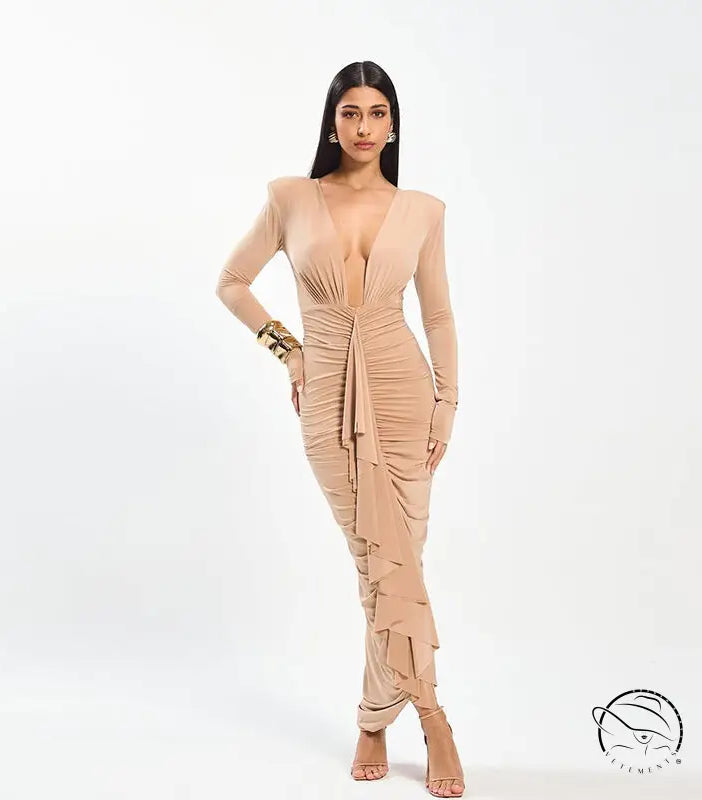Elegant slim evening dress: nude ruched maxi with long sleeves, deep neckline, langry fashion