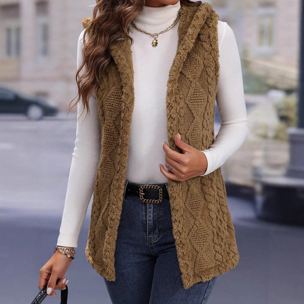 Langry fashion brown cable knit vest with hood and fur trim in wool plaid jacket