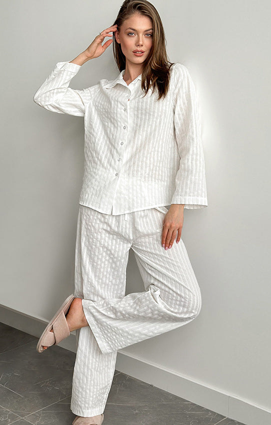 White striped linen pajama set in Langry fashion ملابس