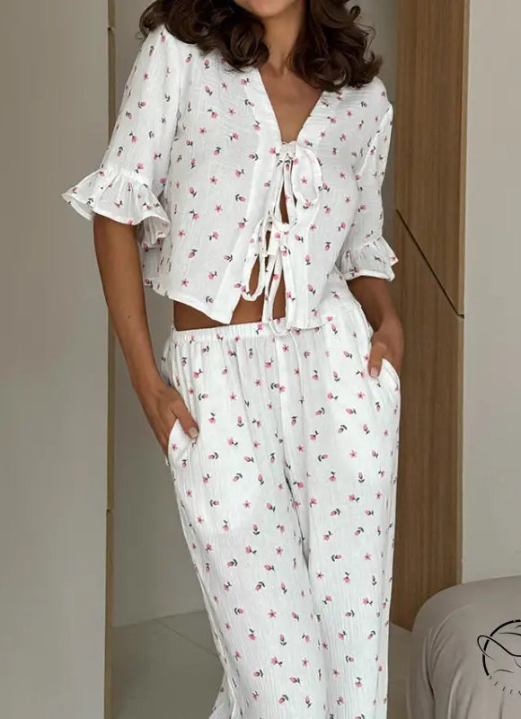 White floral ruffled short sleeves pajama set with wide-leg pants