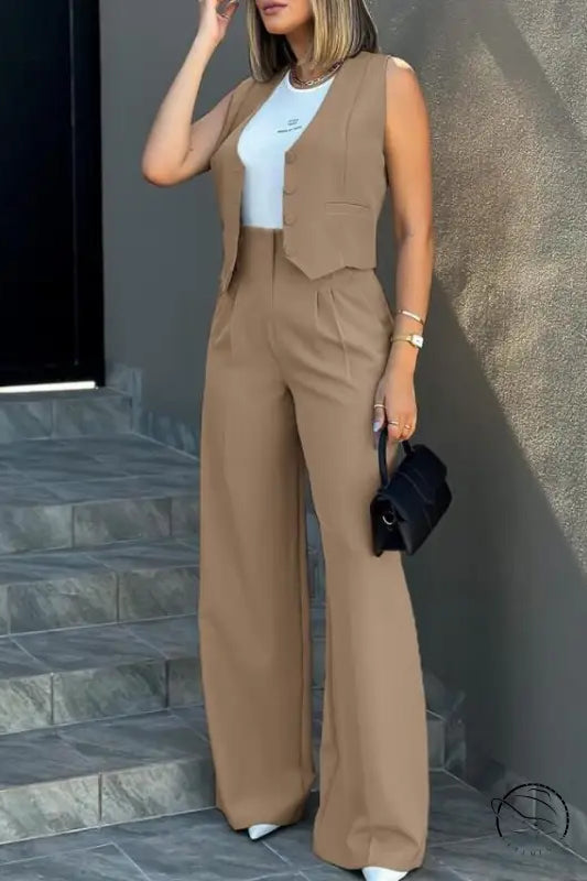 Elegant tan sleeveless vest jacket with wide leg pants set