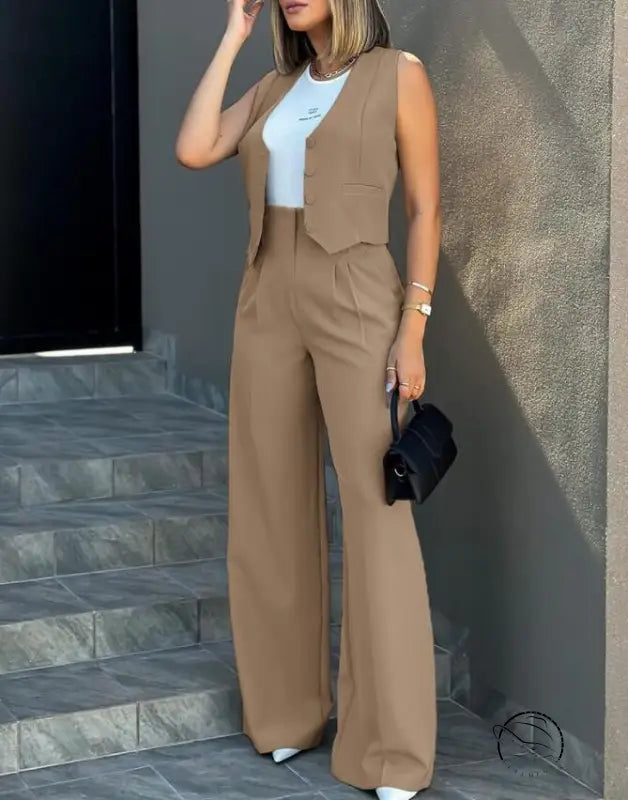 Elegant tan sleeveless vest jacket with wide leg pants set