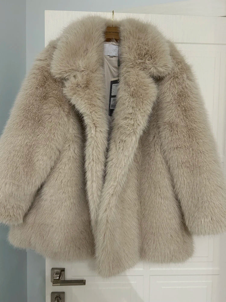 Cream faux fur coat with high collar and long sleeves