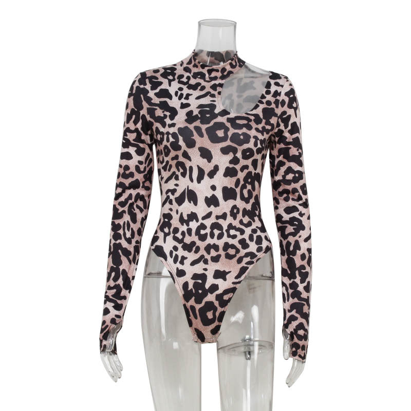 Long-sleeved leopard print bodysuit with mock turtleneck for fashionable ملابس