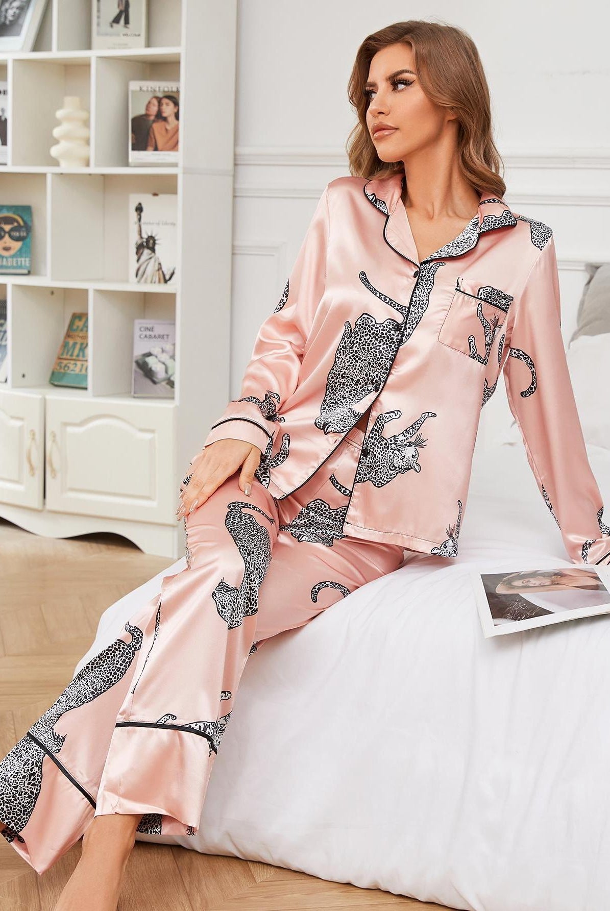 Pink satin pajama set with black leopard print, ideal women home clothes for autumn winter