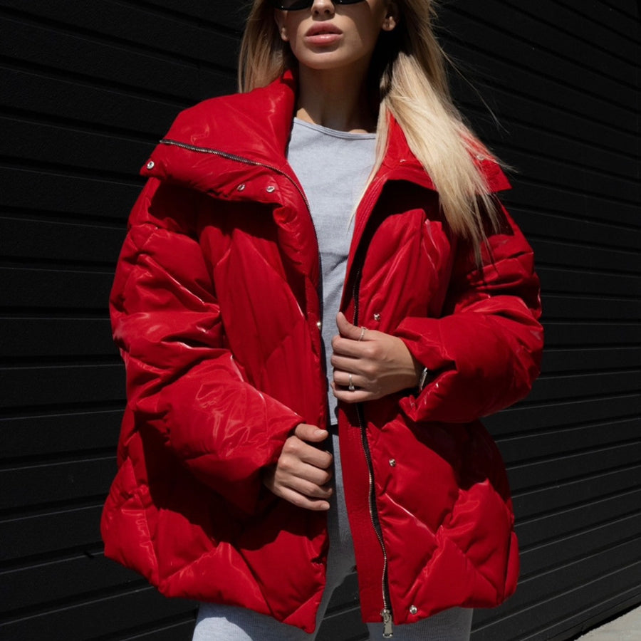 Red glossy Langry fashion puffer jacket with black zipper and pockets