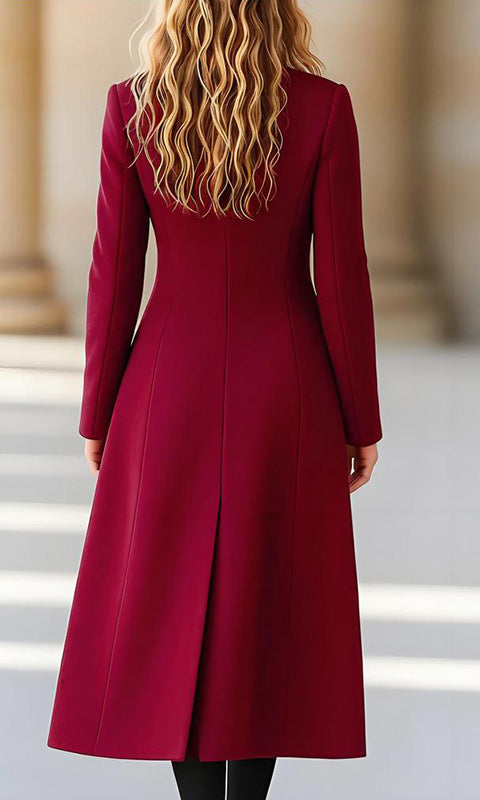 Autumn Winter double breasted long wool coat in burgundy fashion