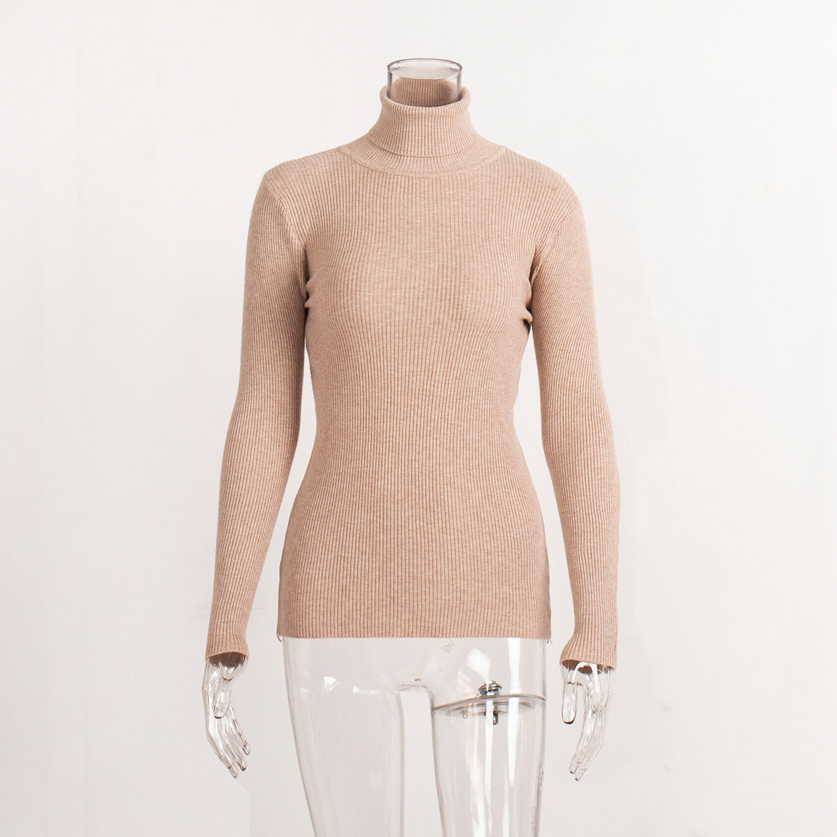 Beige ribbed Langry fashion turtleneck sweater on mannequin