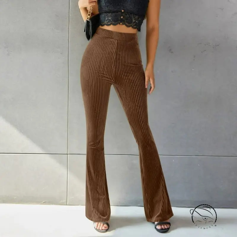 High waist pleuche sunken stripe brown corduroy flared pants