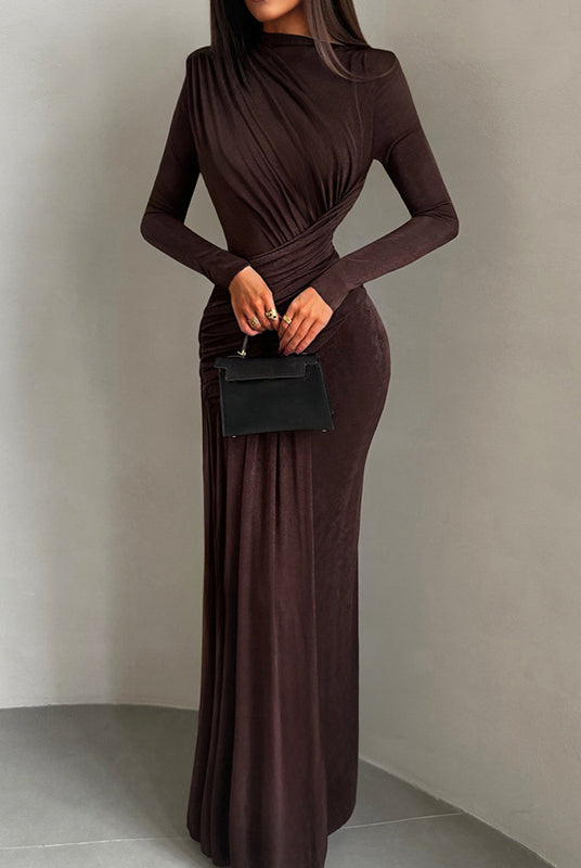 Brown winter pleated slim fit maxi dress with draped neckline and side slit