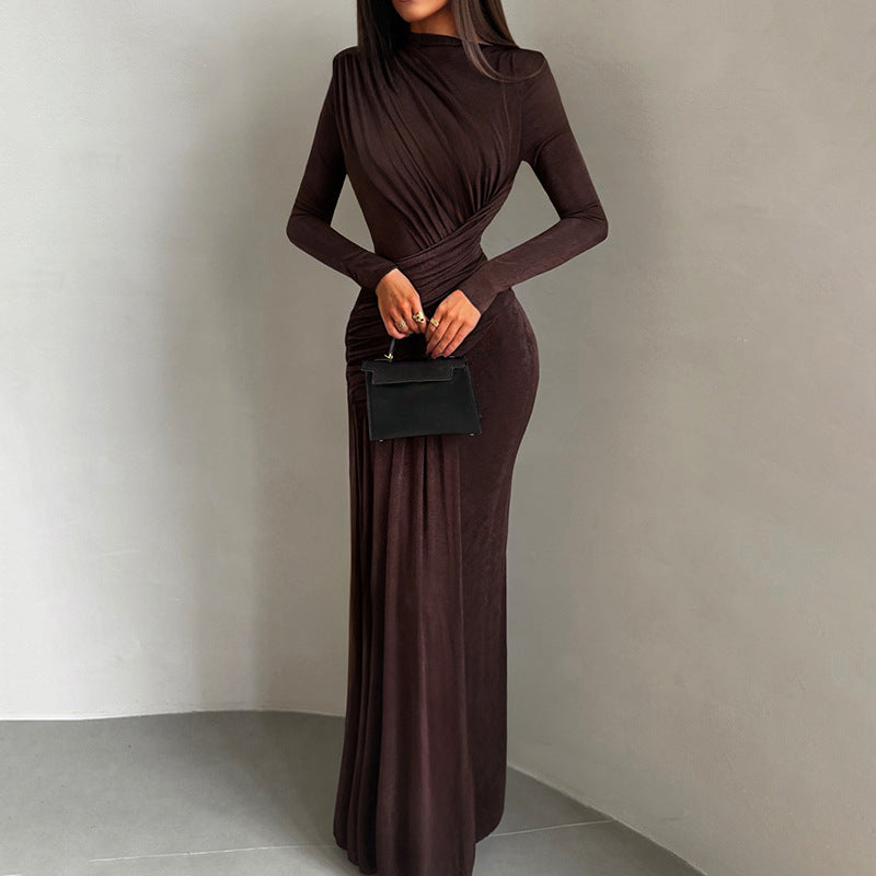 Brown winter pleated slim fit maxi dress with draped neckline and side slit